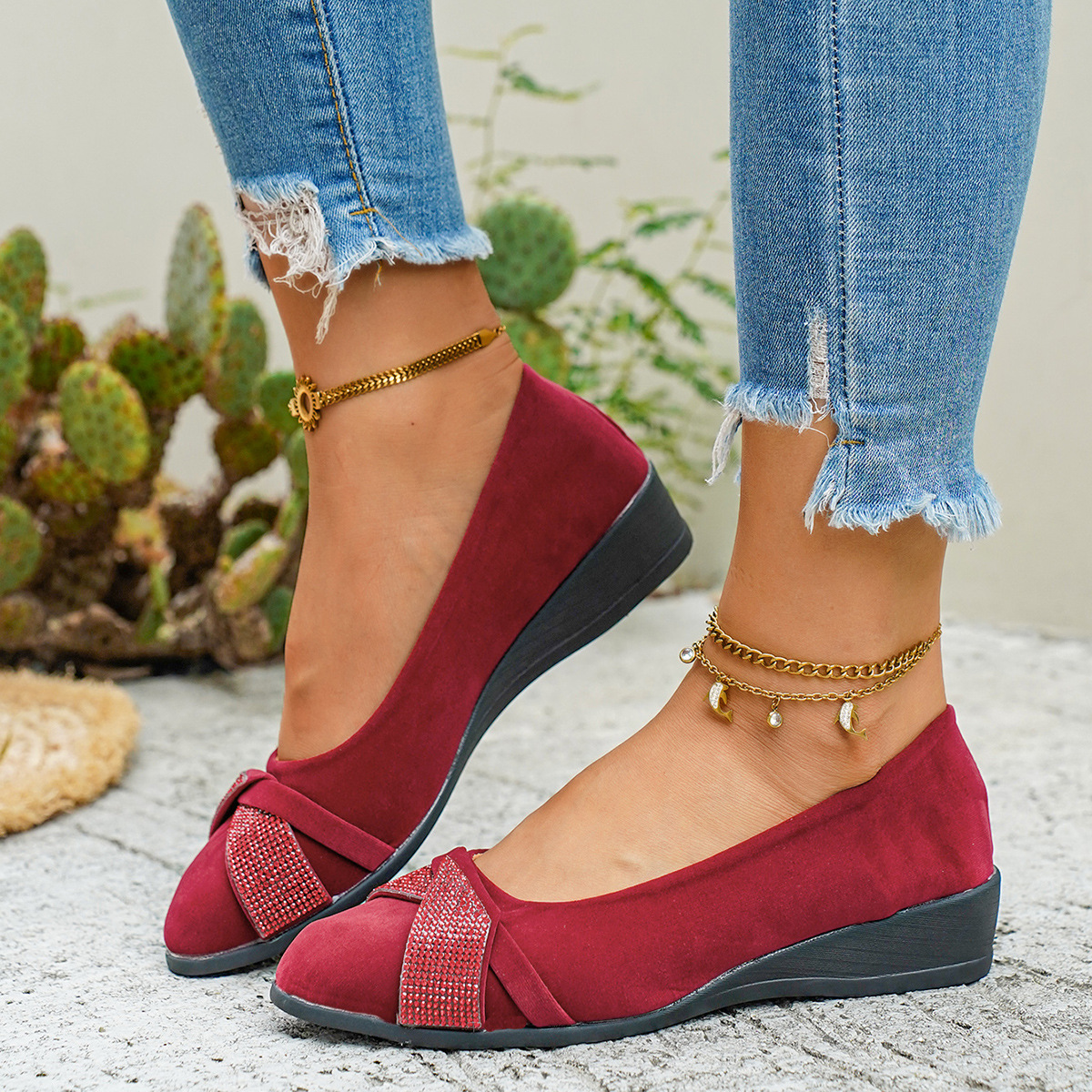 Rhinestone Embellished Wedge Slip-Ons