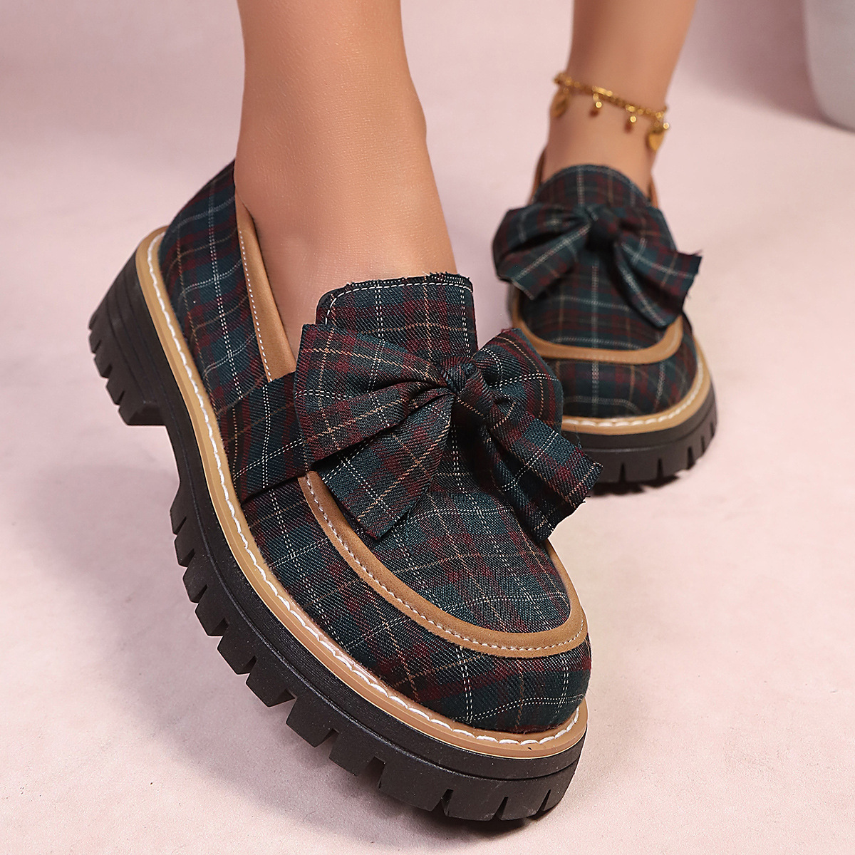 Plaid Bow Decor Chunky Loafers