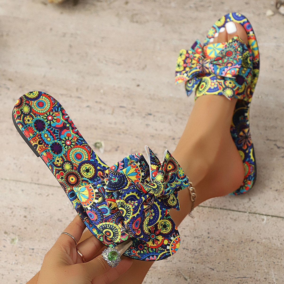 Bow Printed Open Toe Flats Sandals