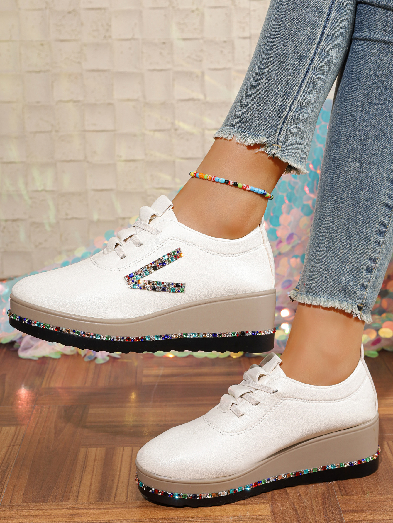 Rhinestone Decor Wedge Sneakers