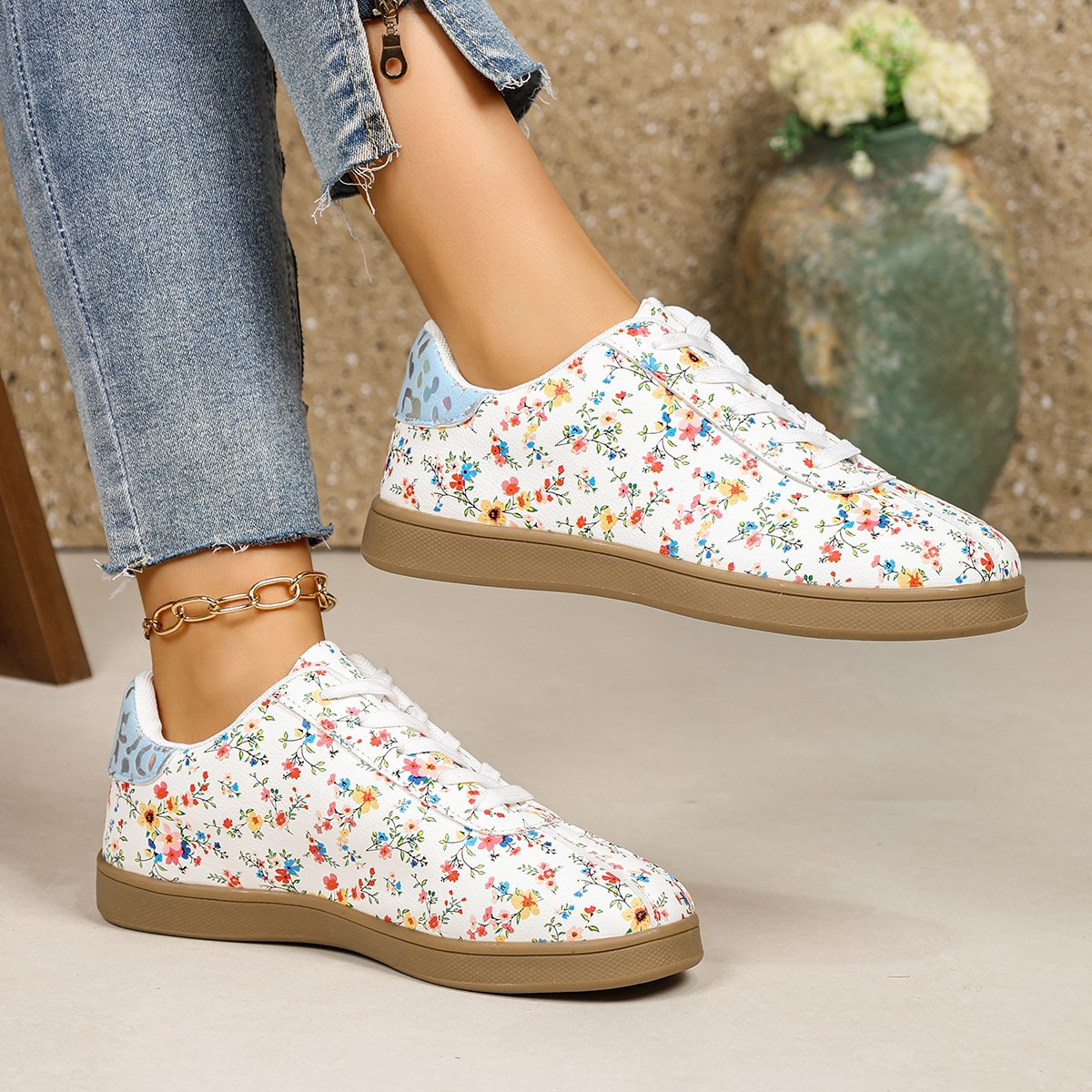 Floral Print Lace-Up Sneakers