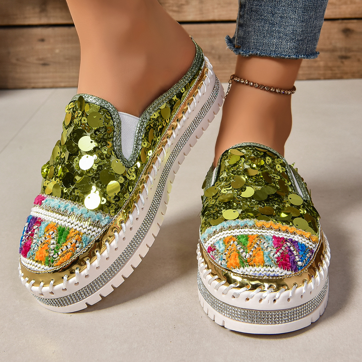 Sequin Round Toe Platform Loafers