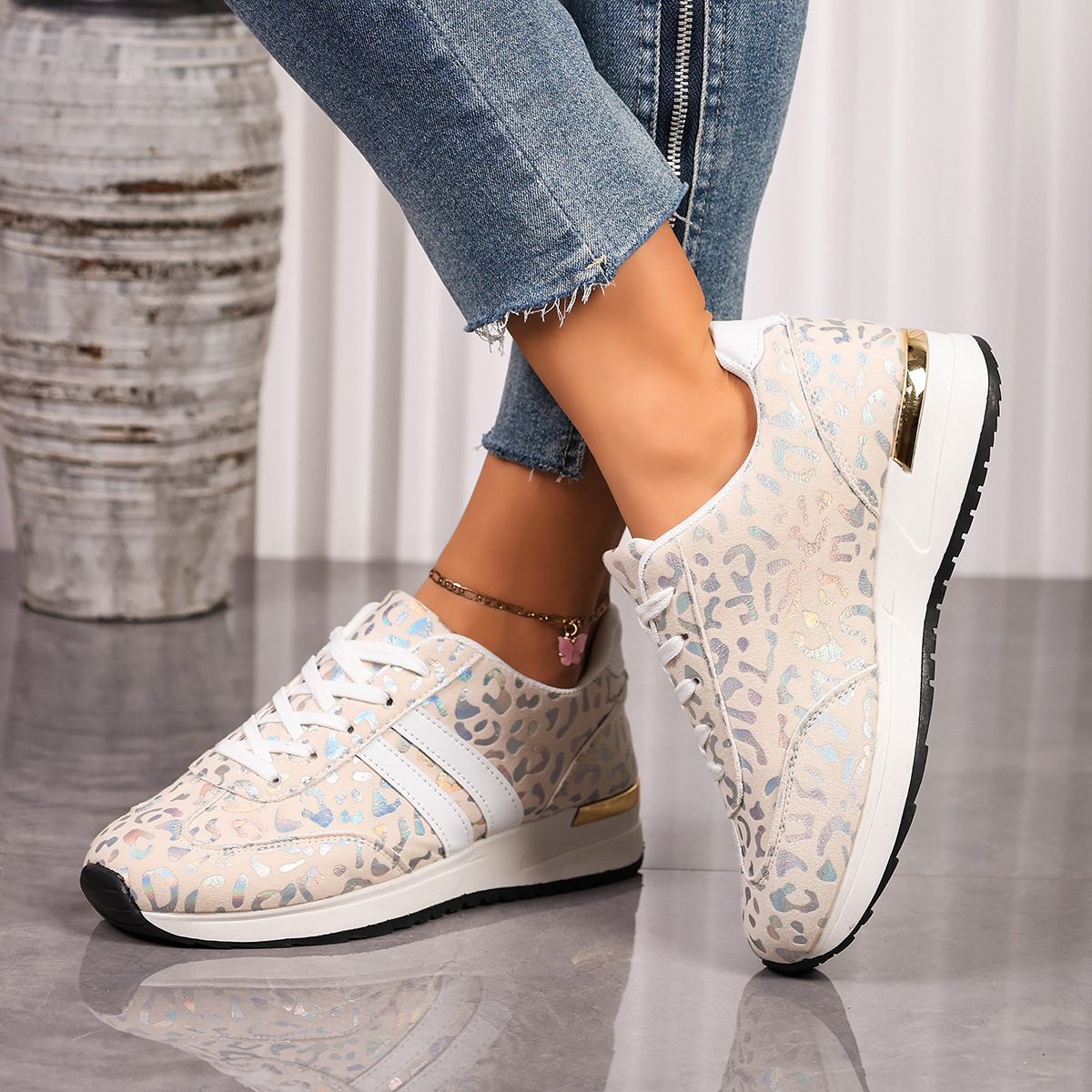 Leopard Print Lace-Up Sneakers
