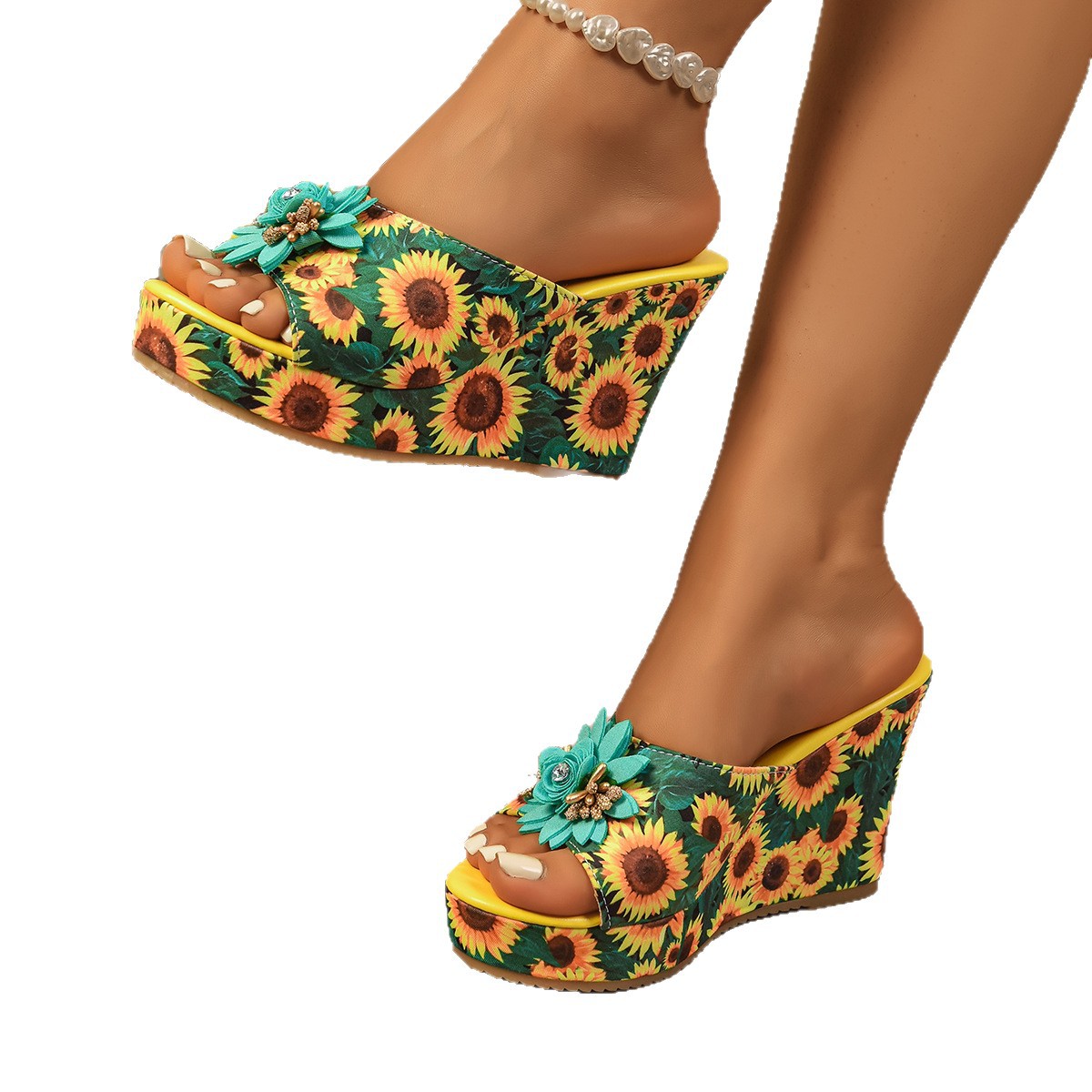 Sunflower Print Wedge Sandals