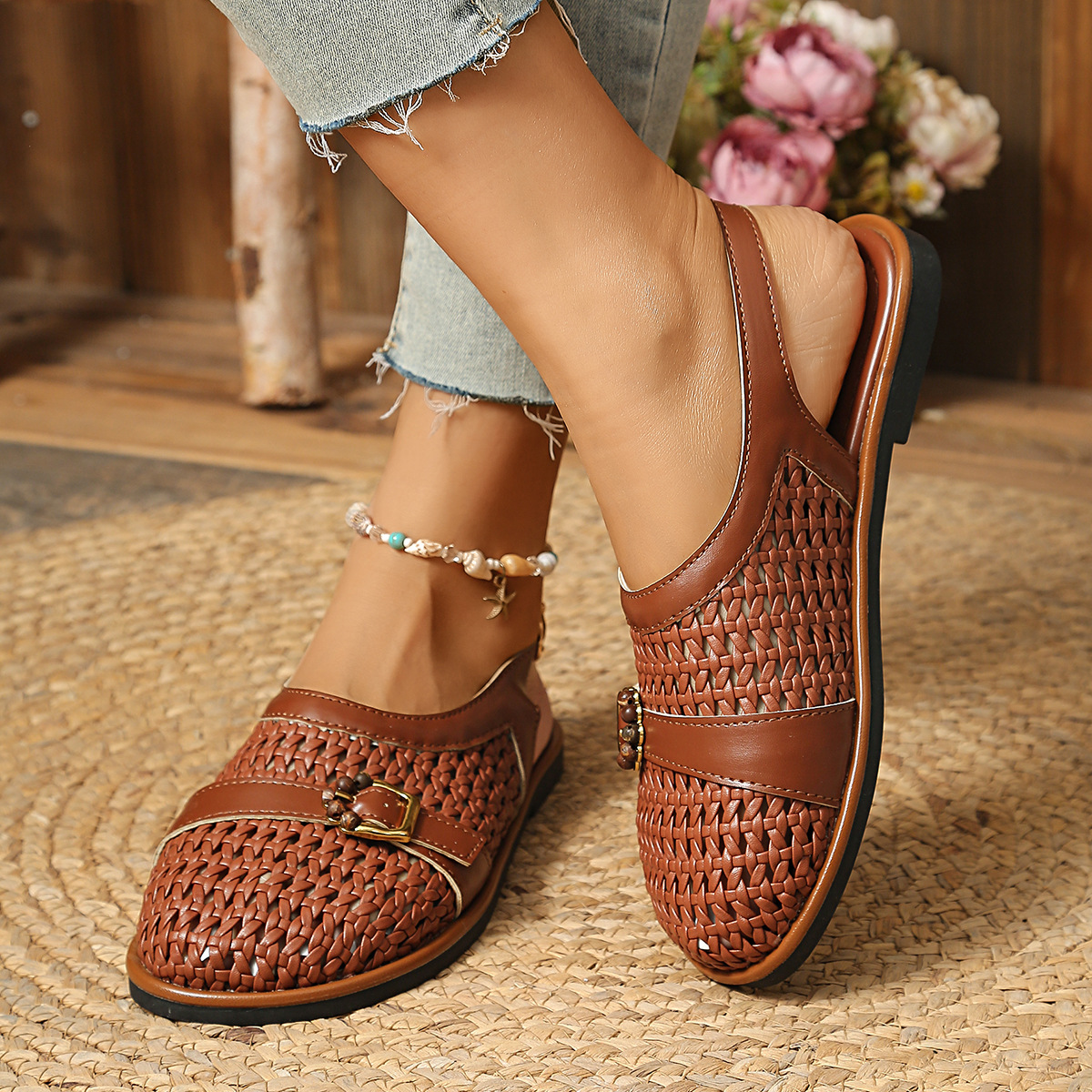 Woven Flat Sandals with Buckle Detail