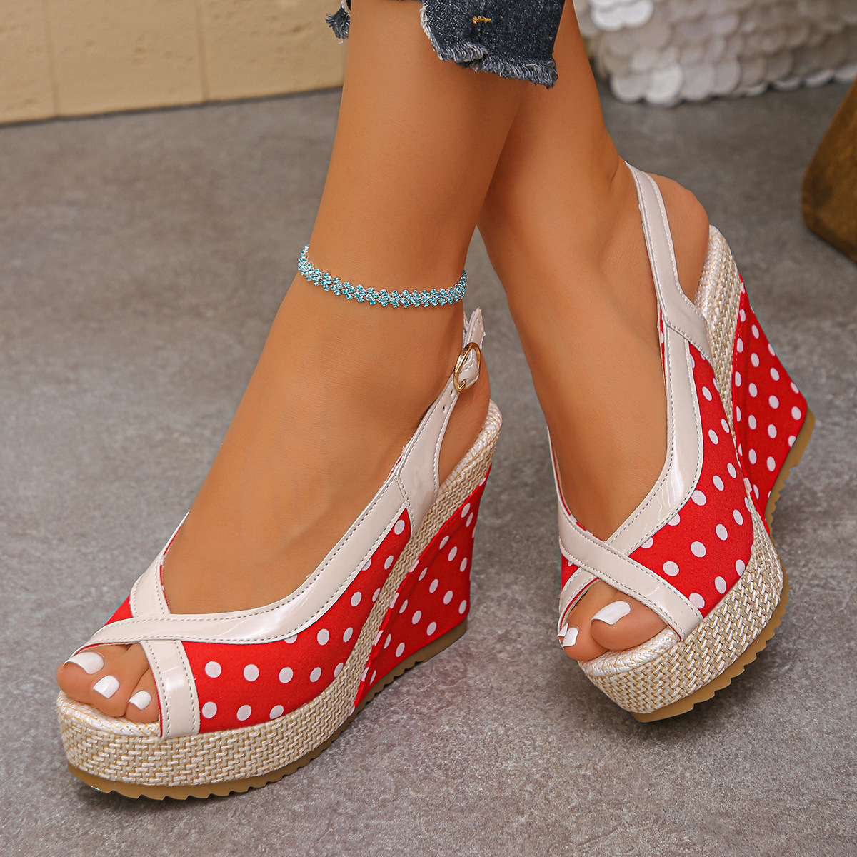 Polka Dot Peep Toe Wedge Sandals