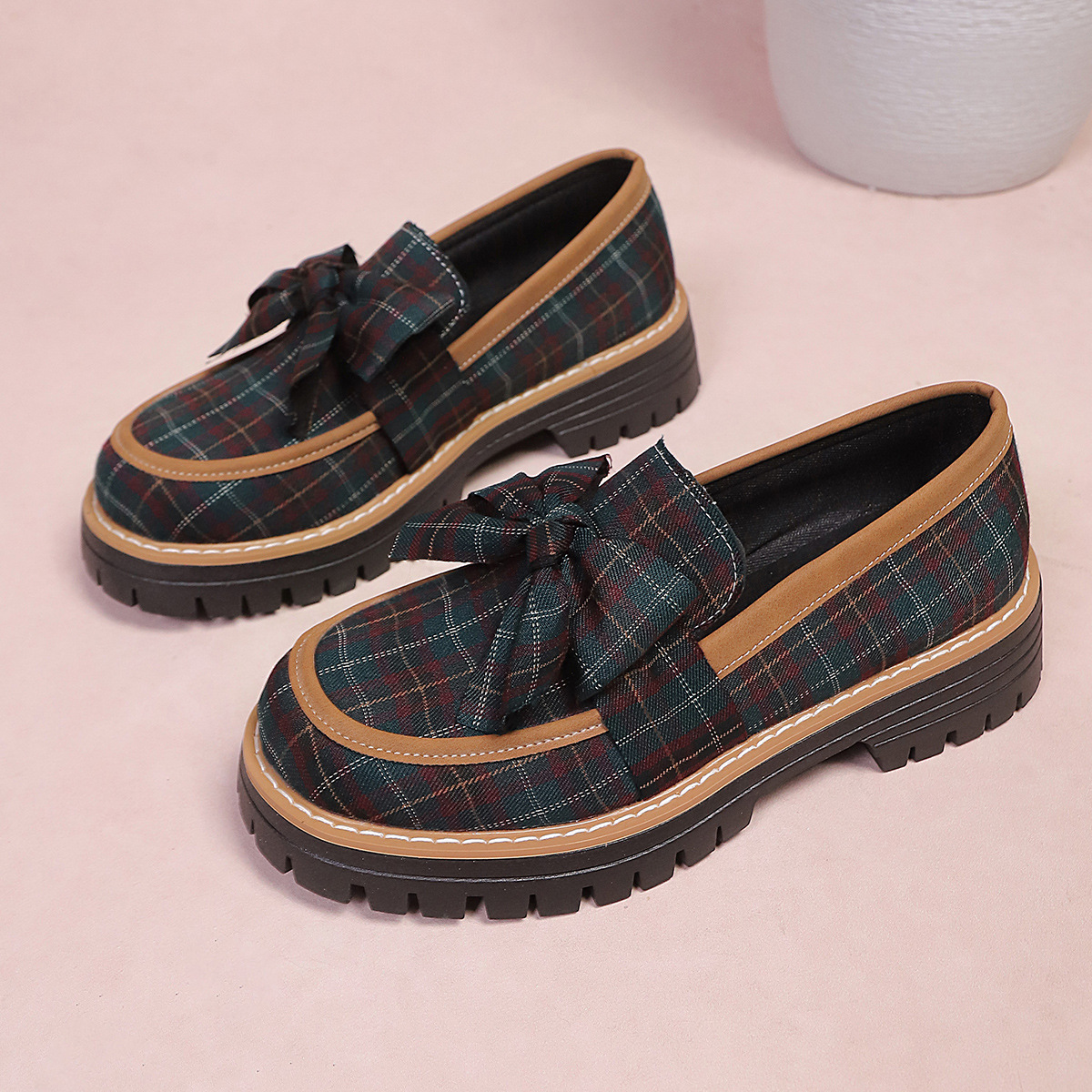 Plaid Bow Decor Chunky Loafers