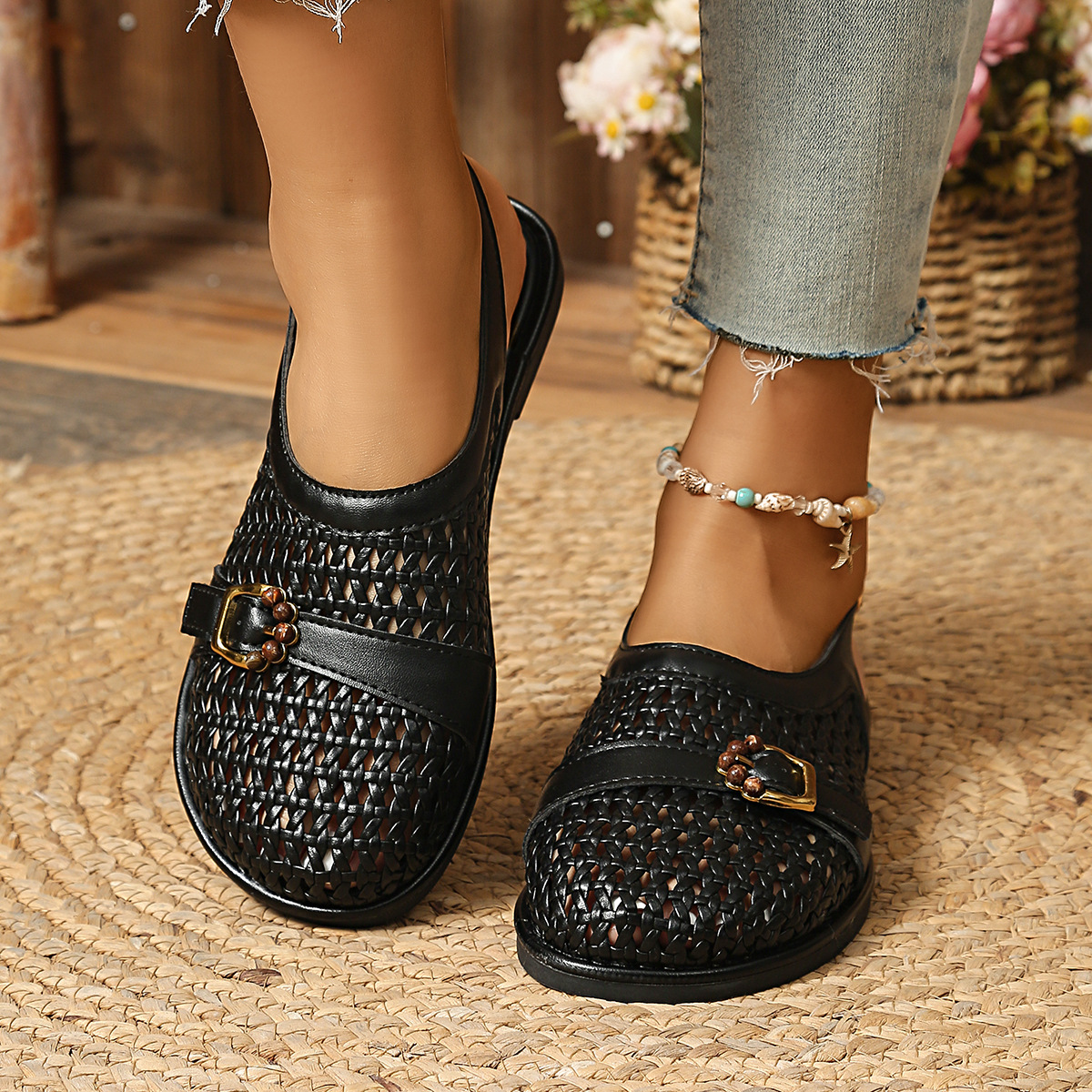 Woven Flat Sandals with Buckle Detail