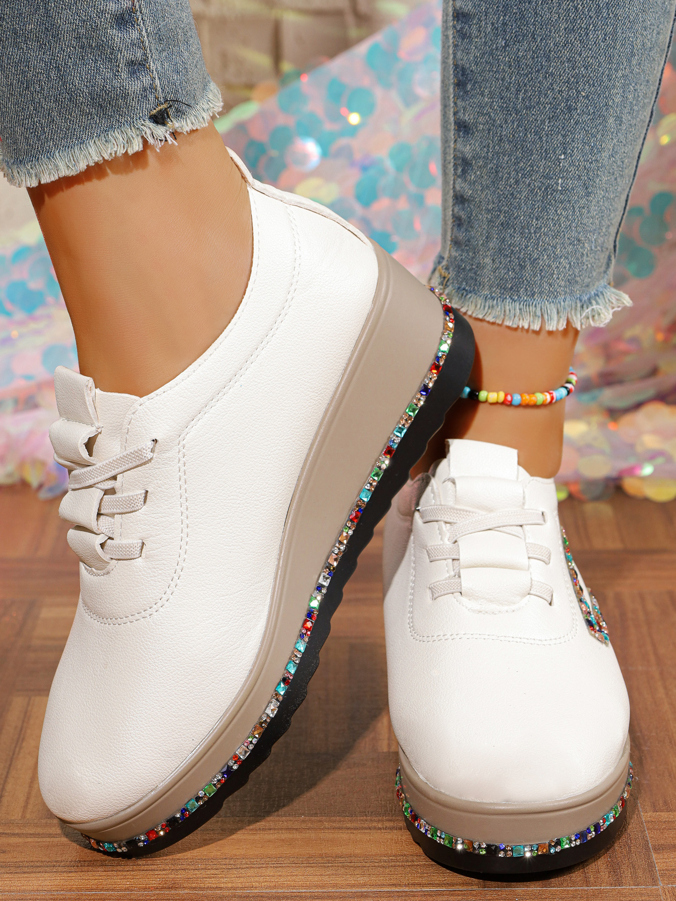 Rhinestone Decor Wedge Sneakers