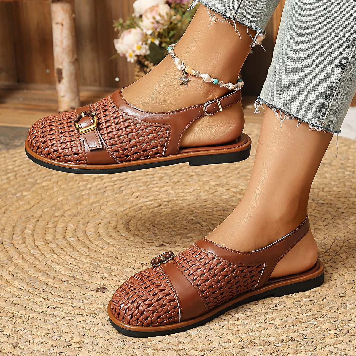 Woven Flat Sandals with Buckle Detail