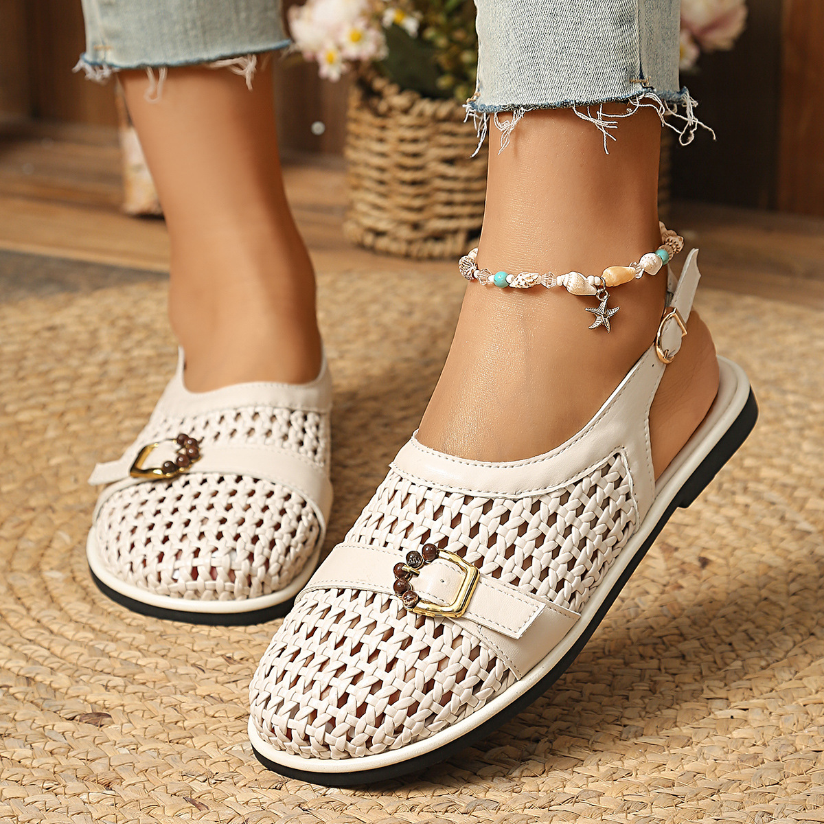 Woven Flat Sandals with Buckle Detail