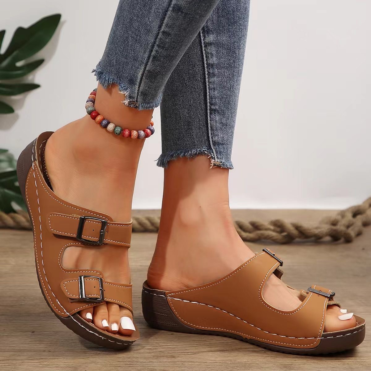 Double Buckle Wedge Sandals