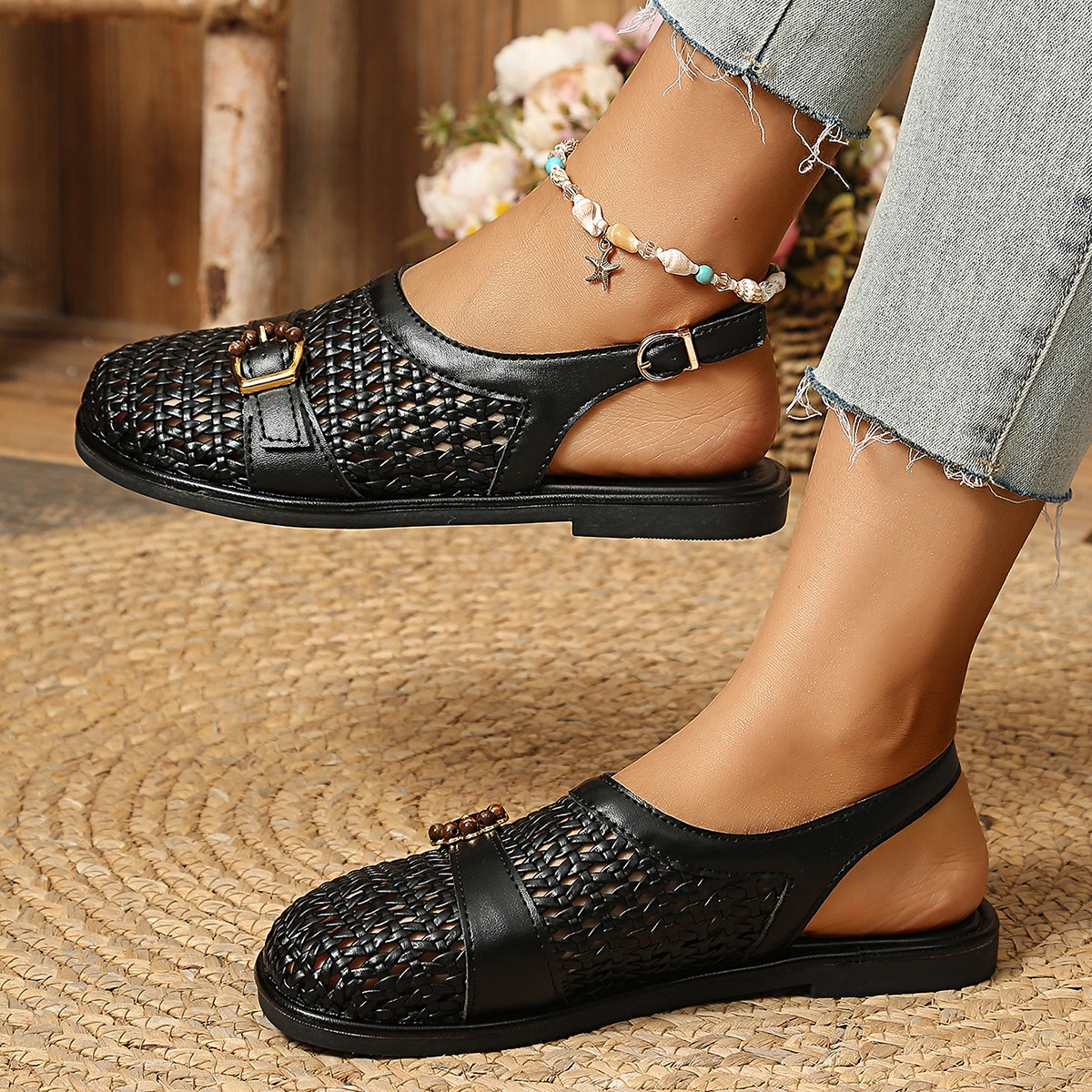 Woven Flat Sandals with Buckle Detail