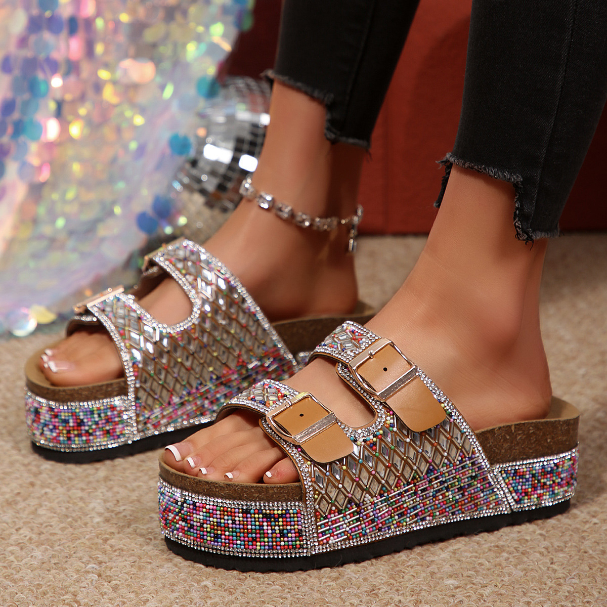 Rhinestone Double Buckle Sandals