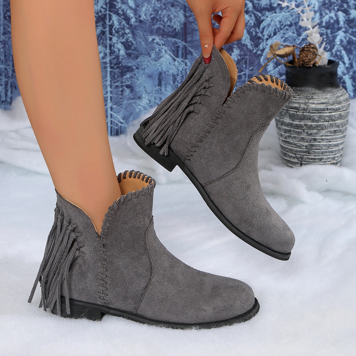 Fringe Point Toe Ankle Boots