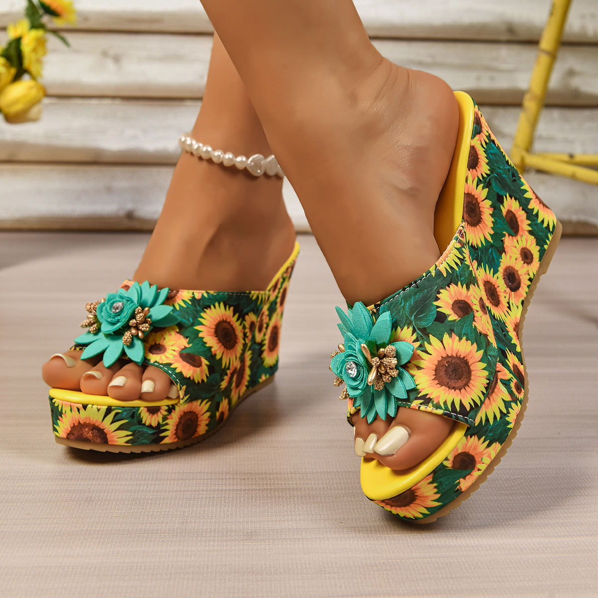 Sunflower Print Wedge Sandals