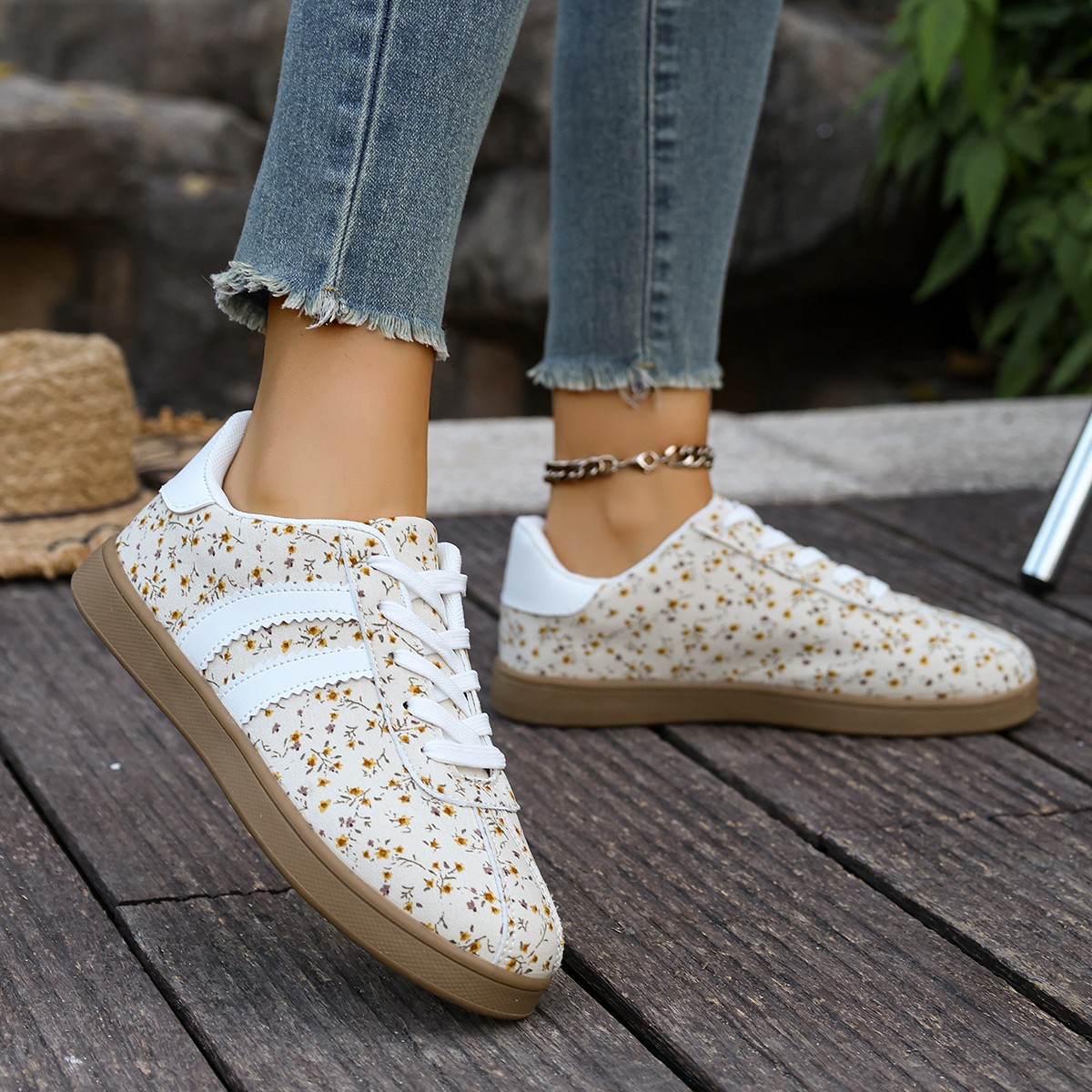 Floral Print Sneakers with Side Stripes