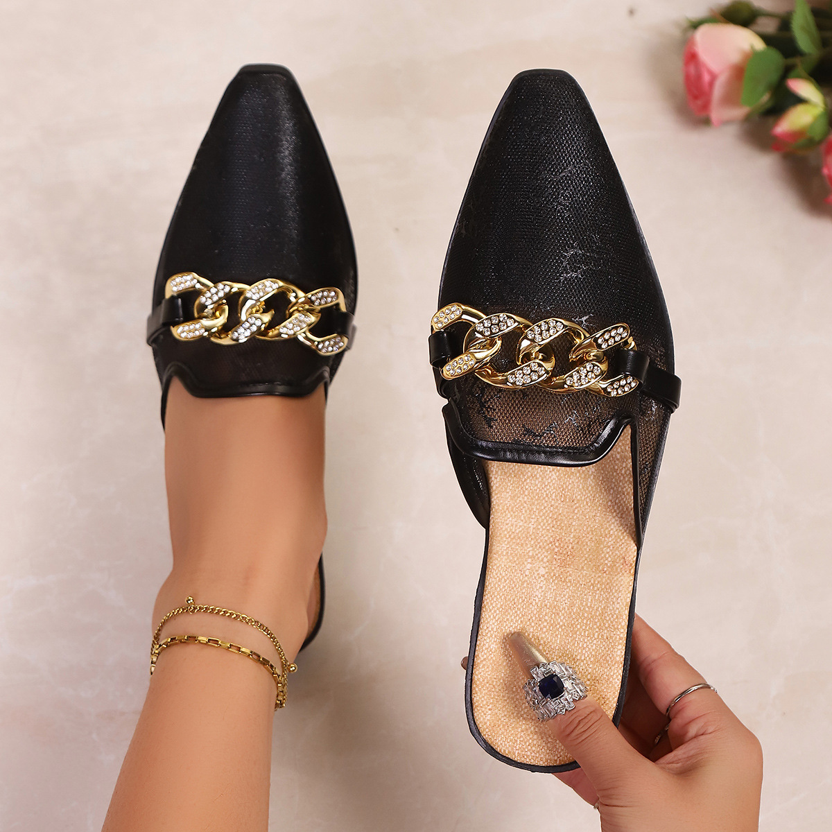 Point Toe Chain Detail Sandals