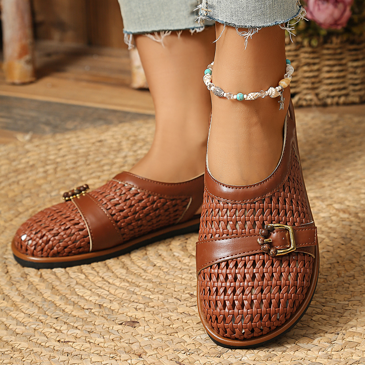 Woven Flat Sandals with Buckle Detail