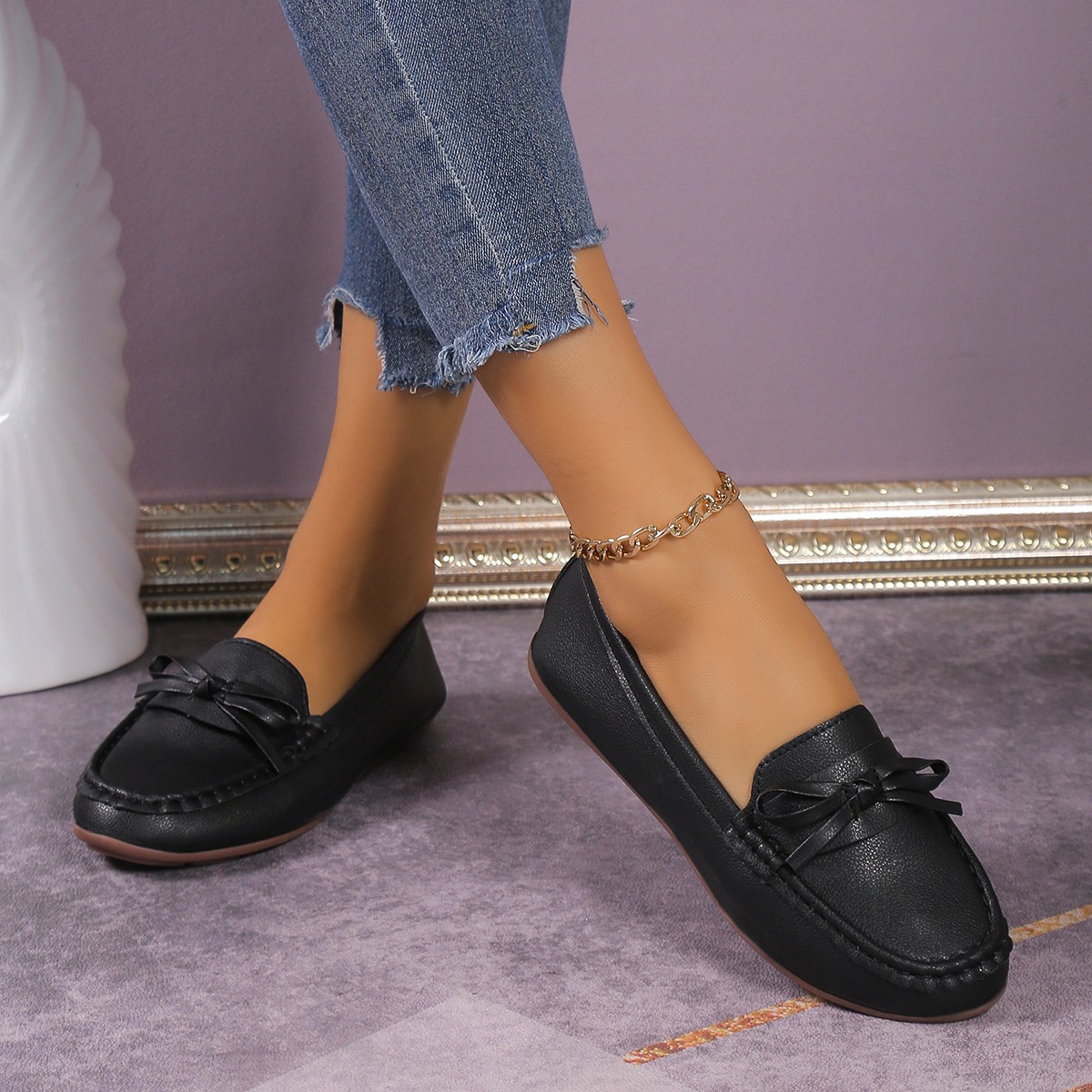 Bow Decor Round Toe Slip-Ons