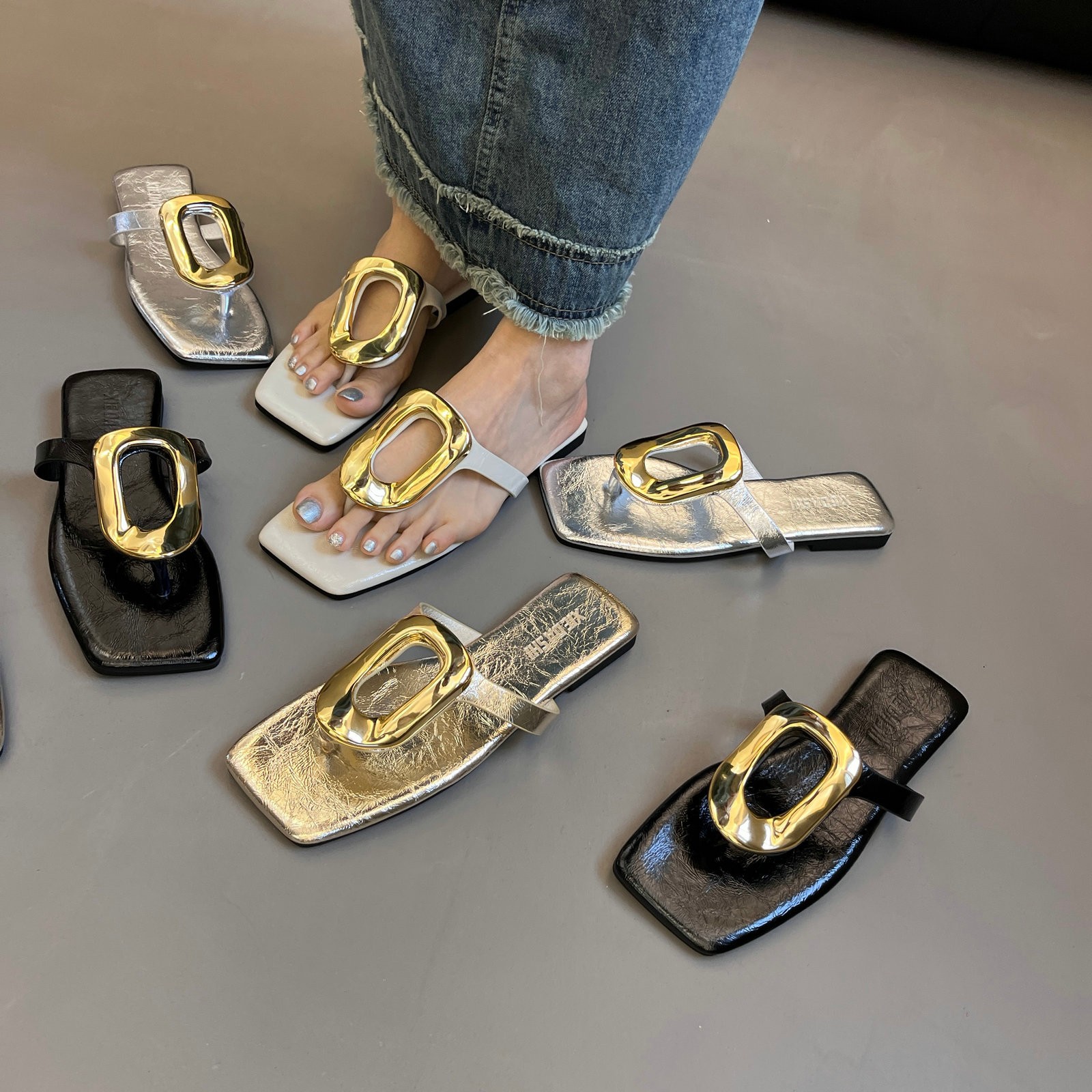 Square Toe Post Metal Sandals