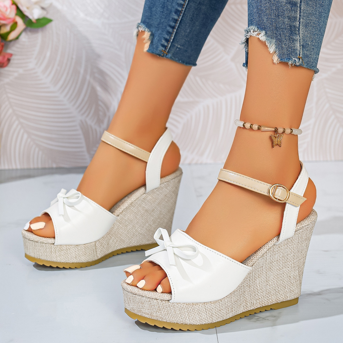 Bow Peep Toe Wedge Sandals