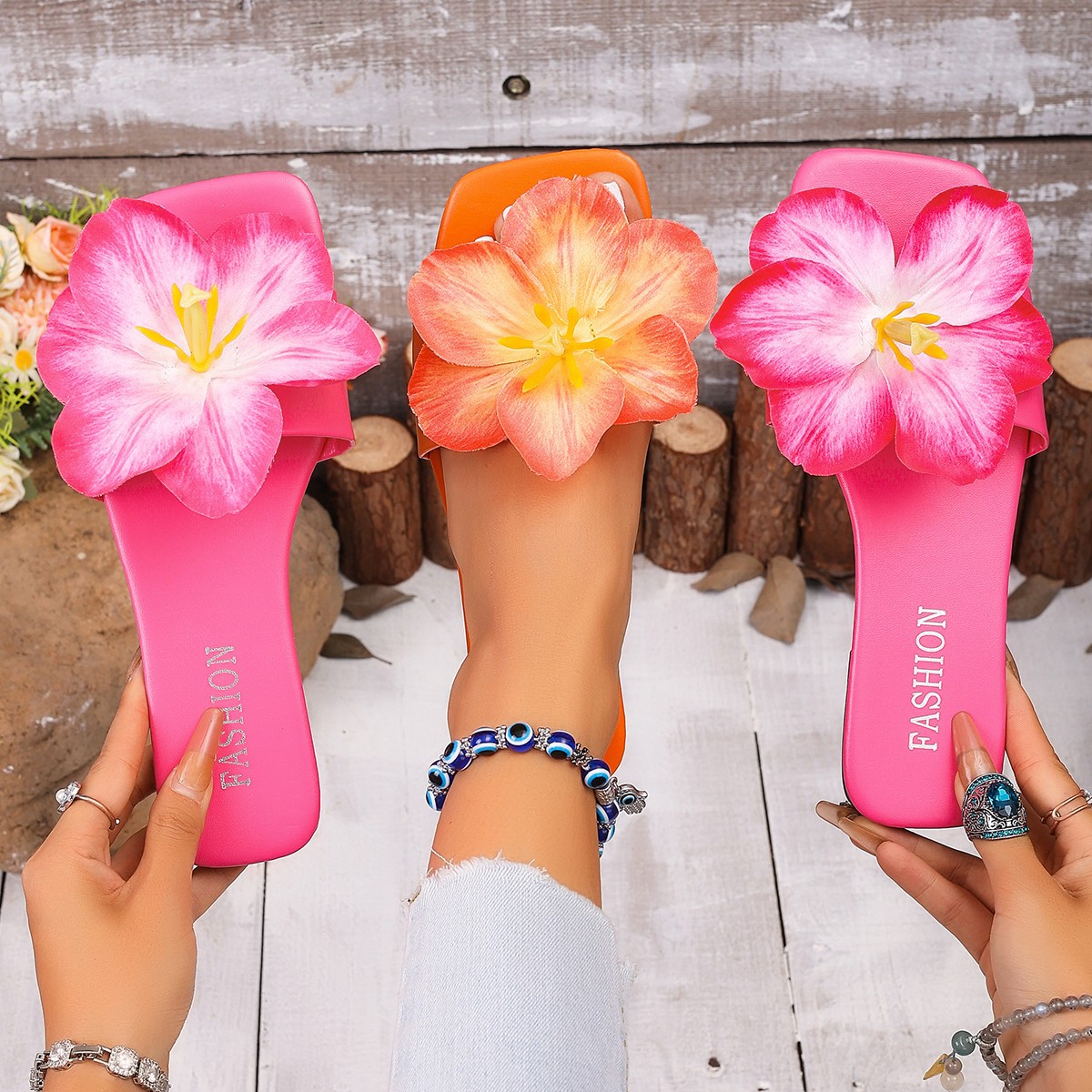 Floral Embellished Square Toe Slide Sandals