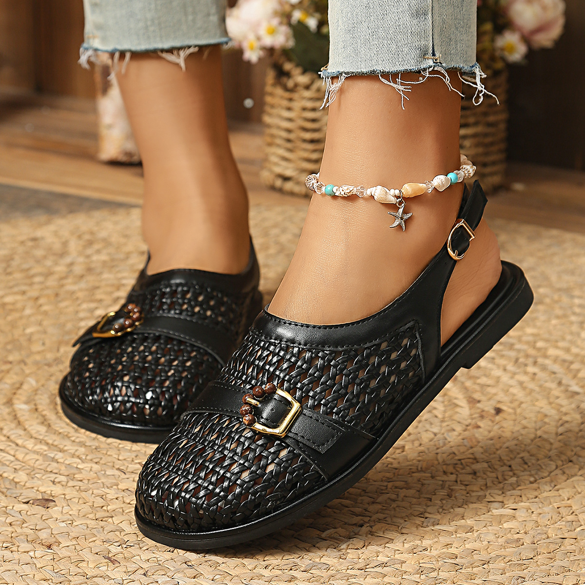 Woven Flat Sandals with Buckle Detail