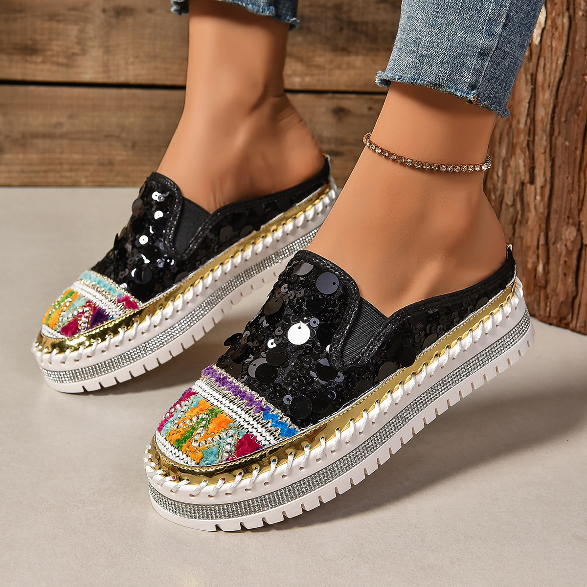 Sequin Round Toe Platform Loafers