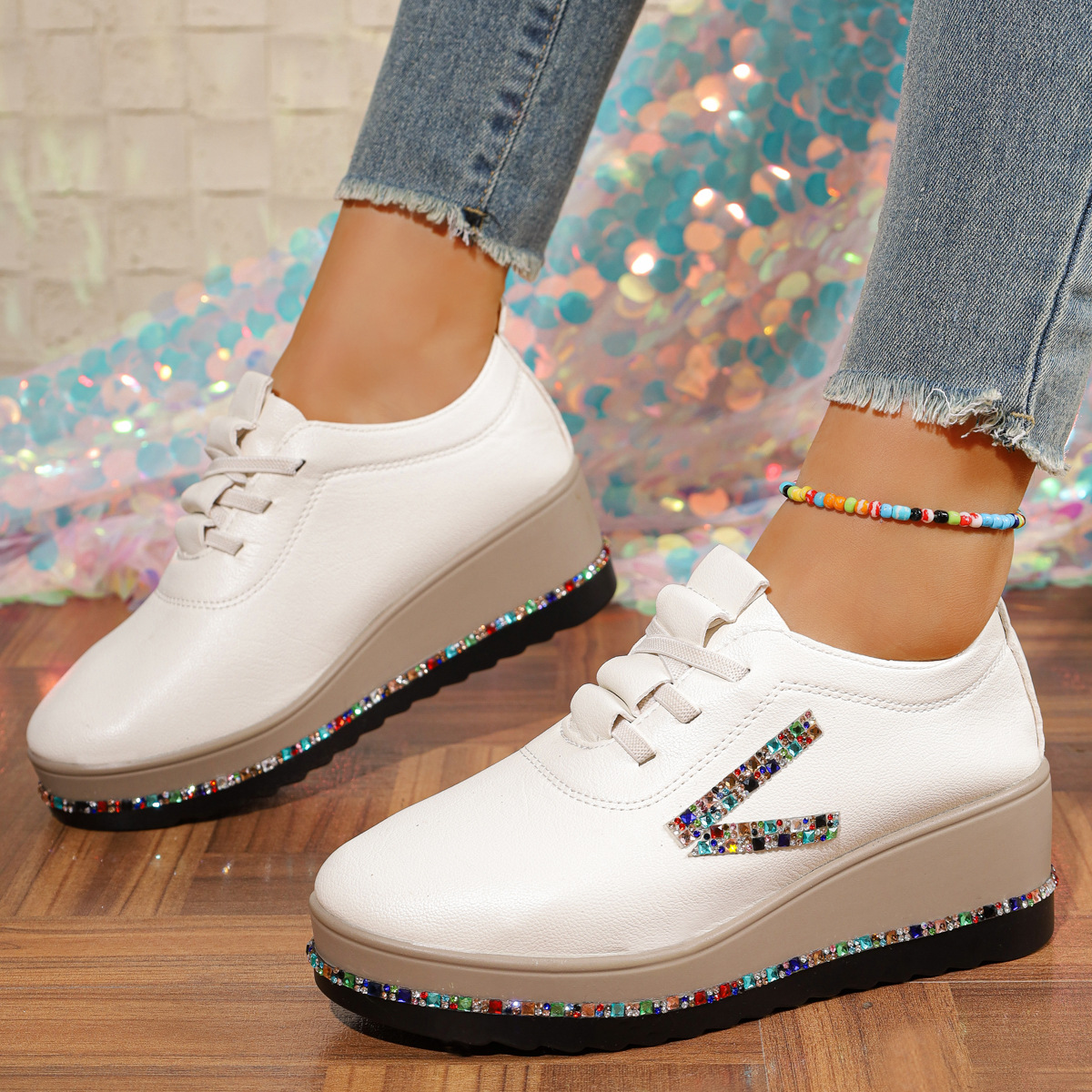 Rhinestone Decor Wedge Sneakers