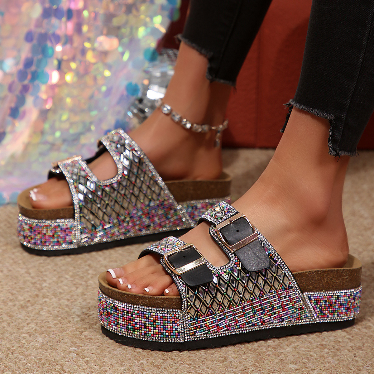 Rhinestone Double Buckle Sandals