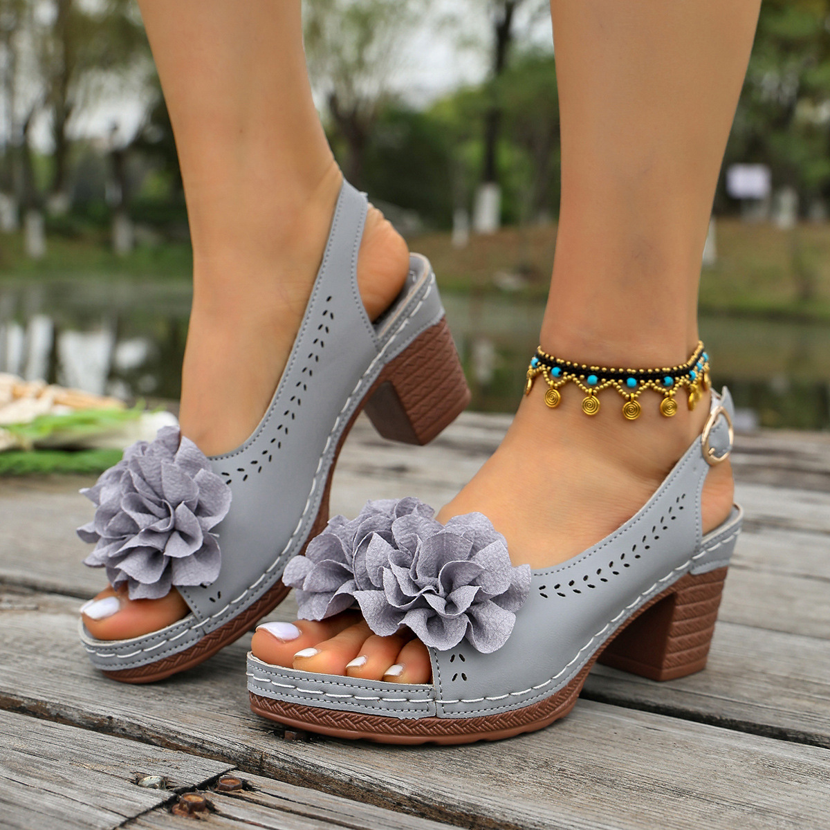 Floral Decor Chunky Heel Sandals