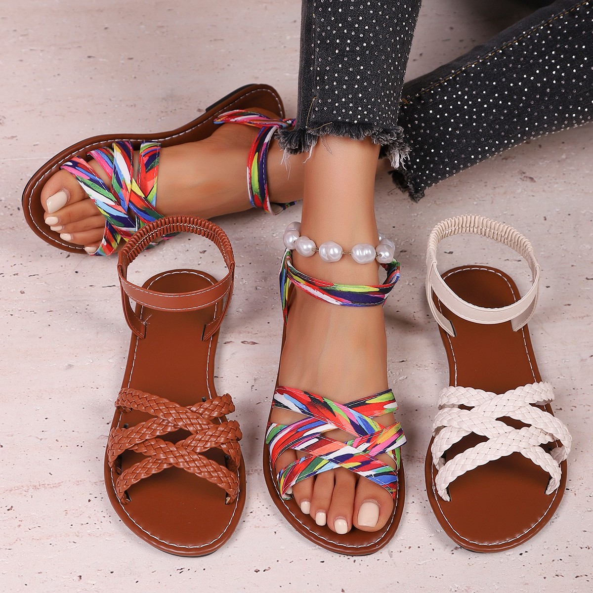 Open Toe Braided Strap Sandals