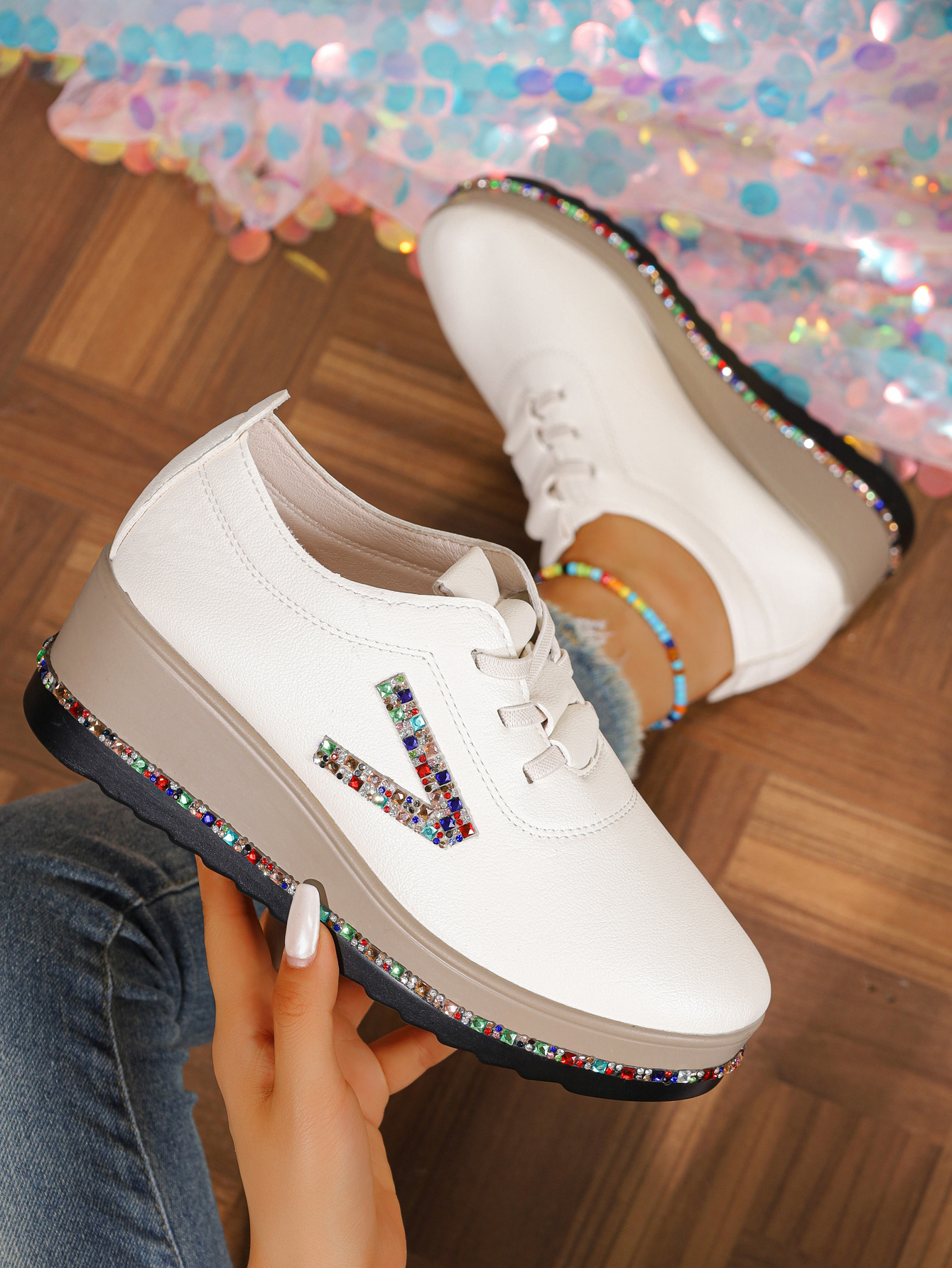 Rhinestone Decor Wedge Sneakers