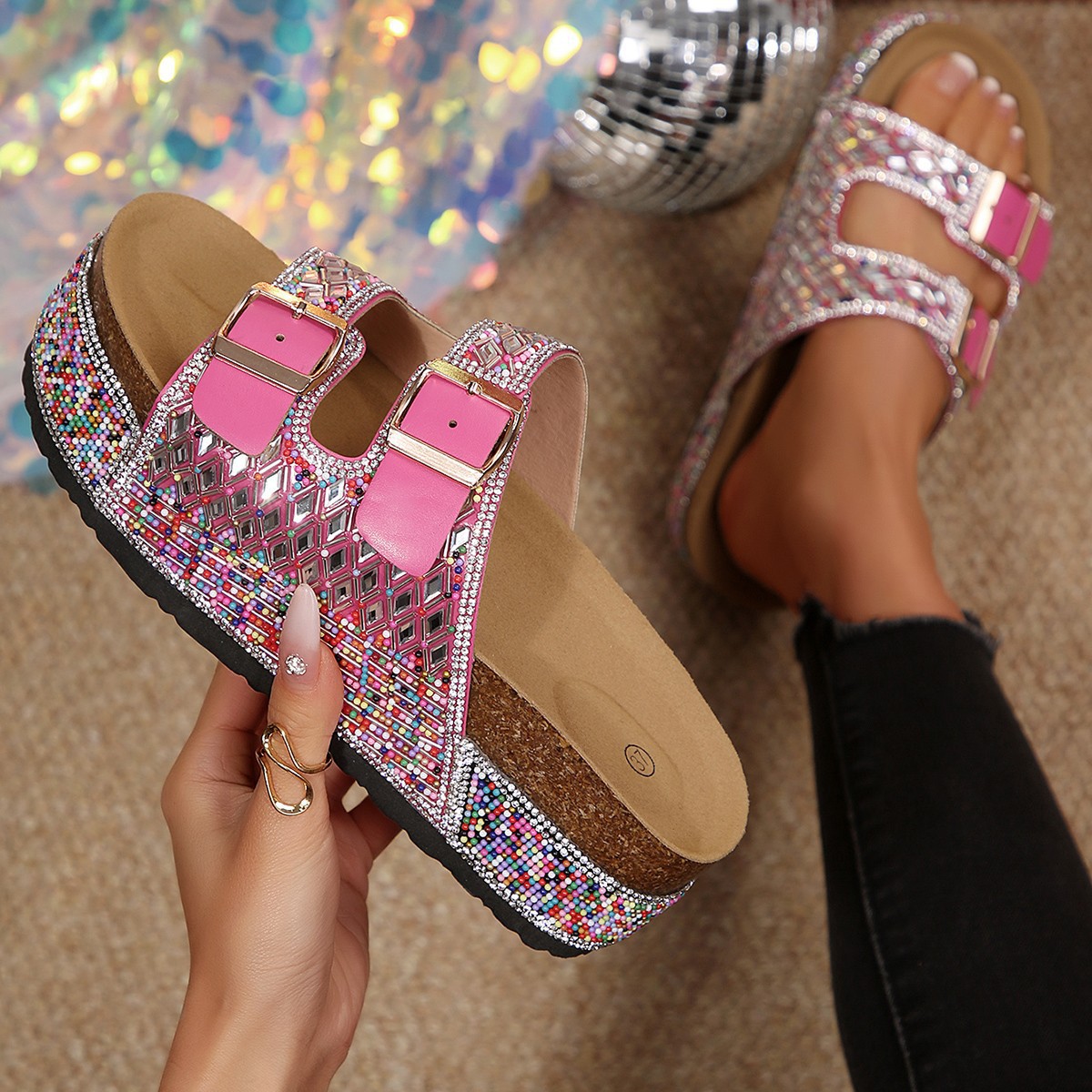 Rhinestone Double Buckle Sandals