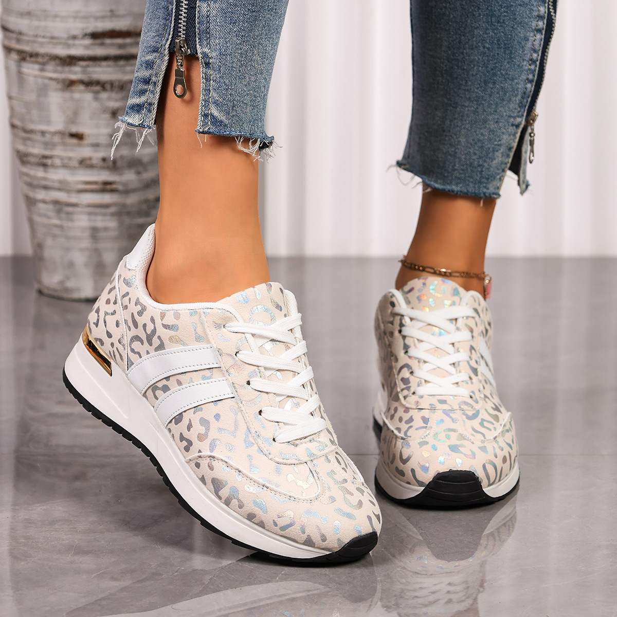 Leopard Print Lace-Up Sneakers