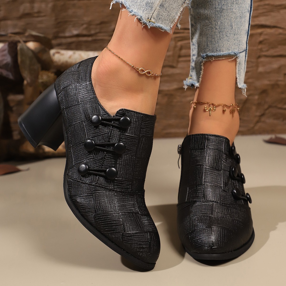 Woven Texture Button Decor Pumps