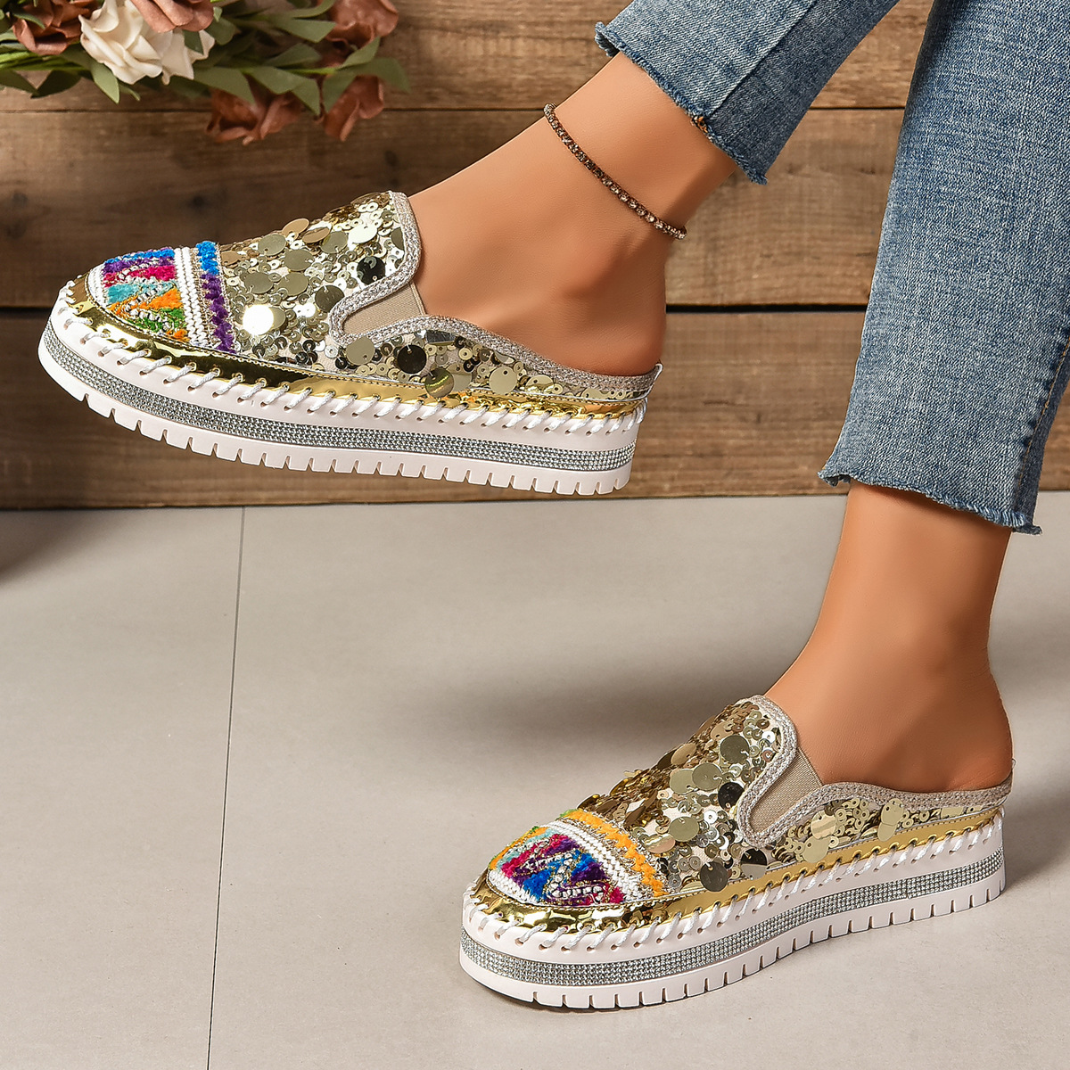 Sequin Round Toe Platform Loafers