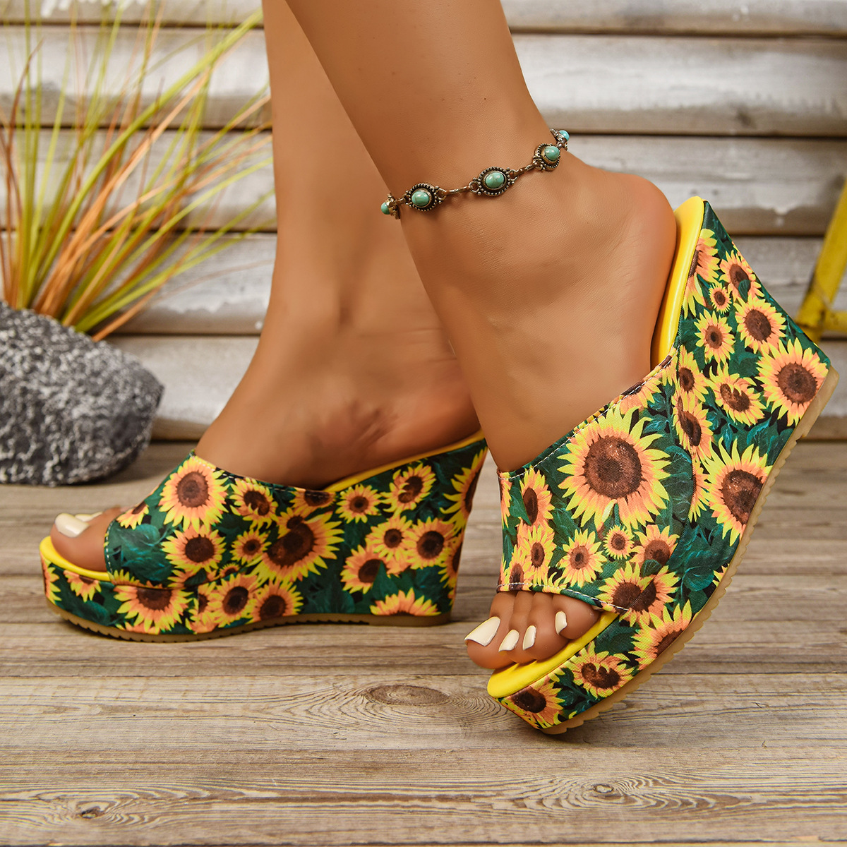 Sunflower Print Wedge Sandals