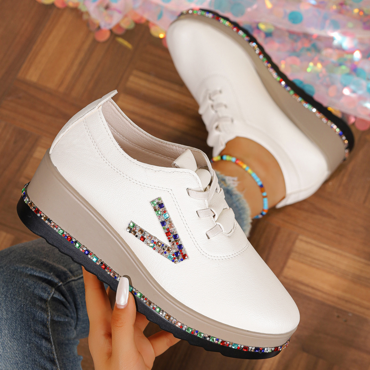 Rhinestone Decor Wedge Sneakers