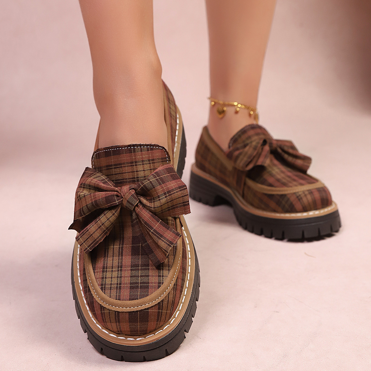 Plaid Bow Decor Chunky Loafers