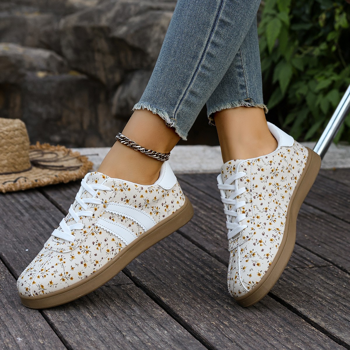 Floral Print Sneakers with Side Stripes