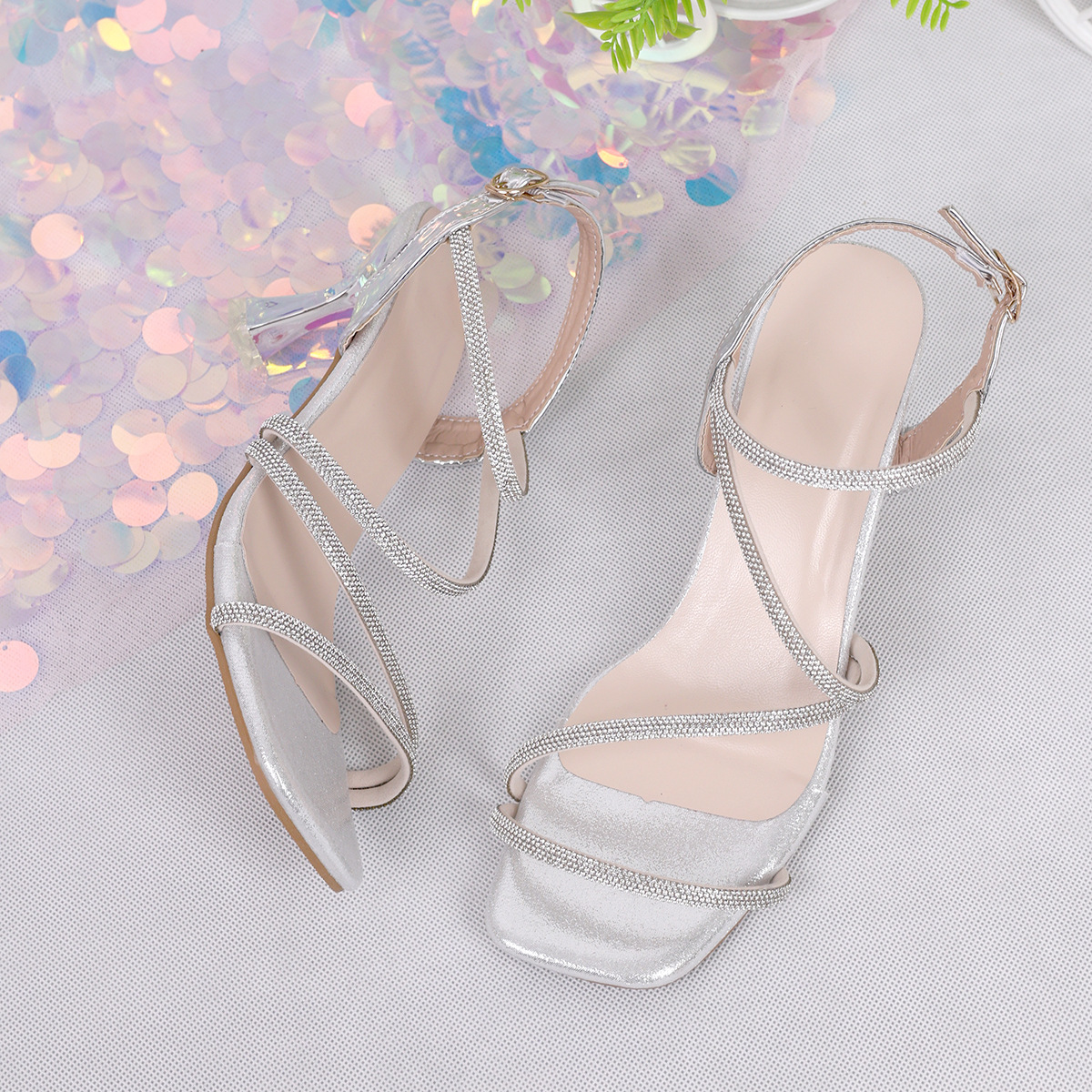 Strappy Heel Sandals with Rhinestone Chain Ankle Strap