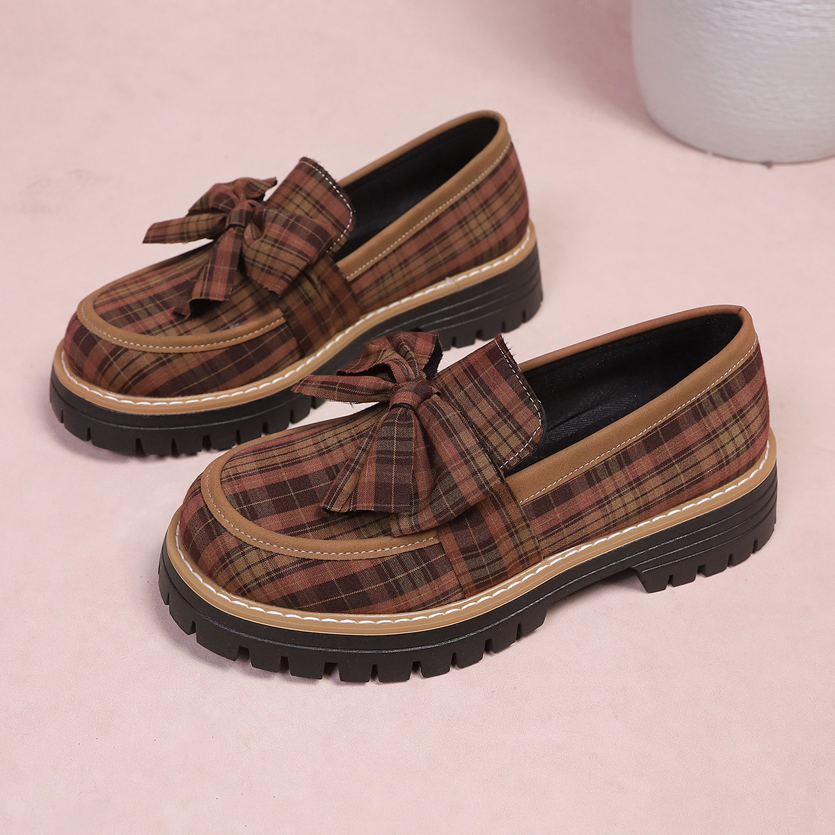 Plaid Bow Decor Chunky Loafers