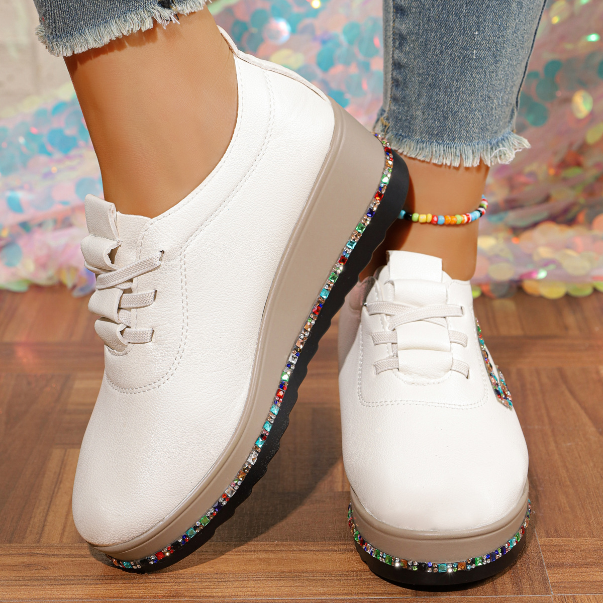Rhinestone Decor Wedge Sneakers
