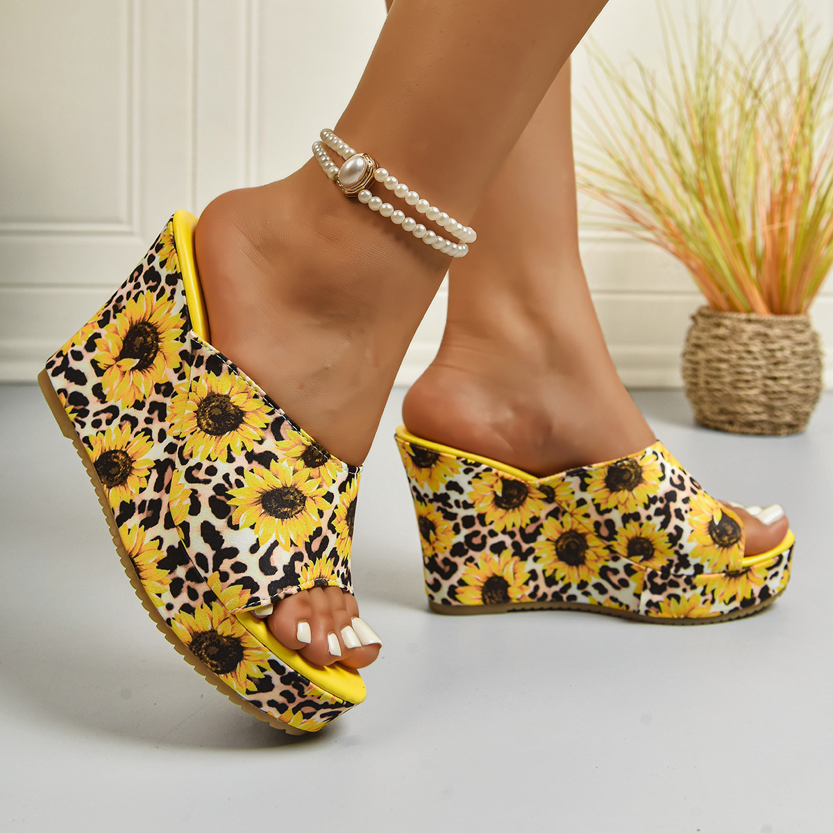 Sunflower Print Wedge Sandals