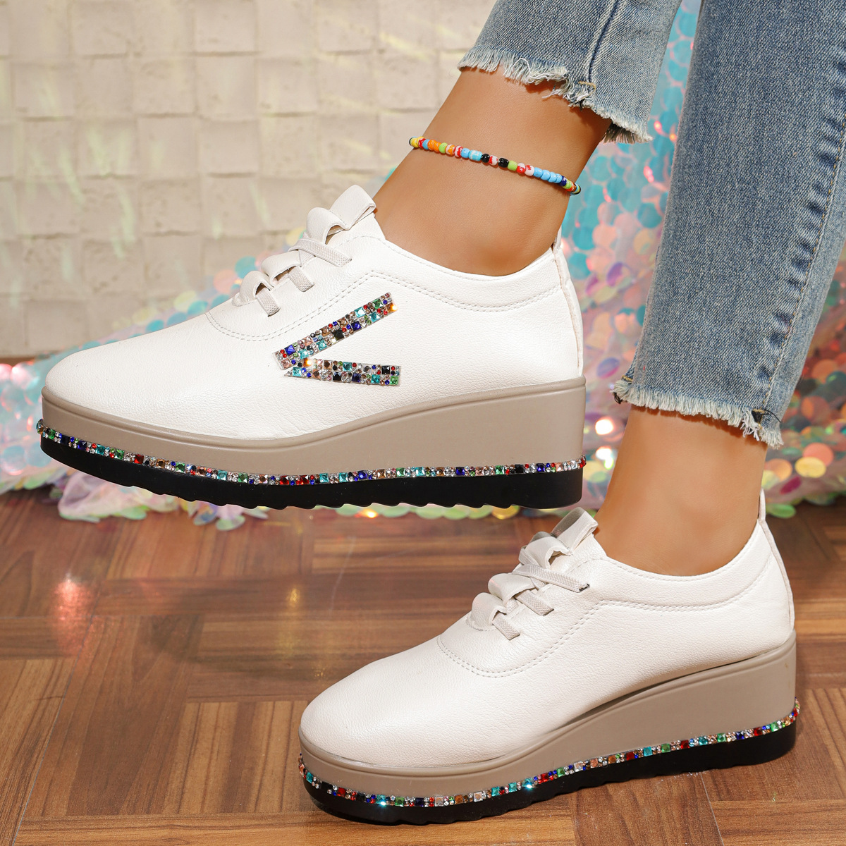 Rhinestone Decor Wedge Sneakers