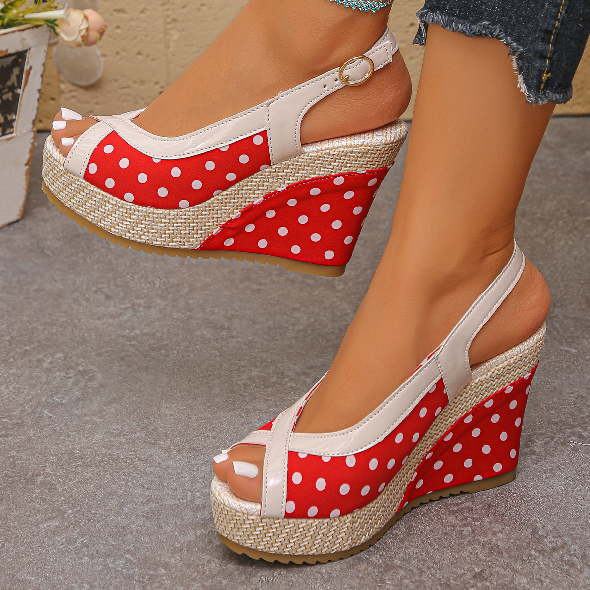 Polka Dot Peep Toe Wedge Sandals