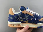 Louis Vuitton LV Trainer in deep royal blue, brown, and denim.