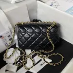 CH*EL23A Advanced Handicraft Shop Series Black Gold Leather Chain Piercing Bag AP3373, Top Quality
